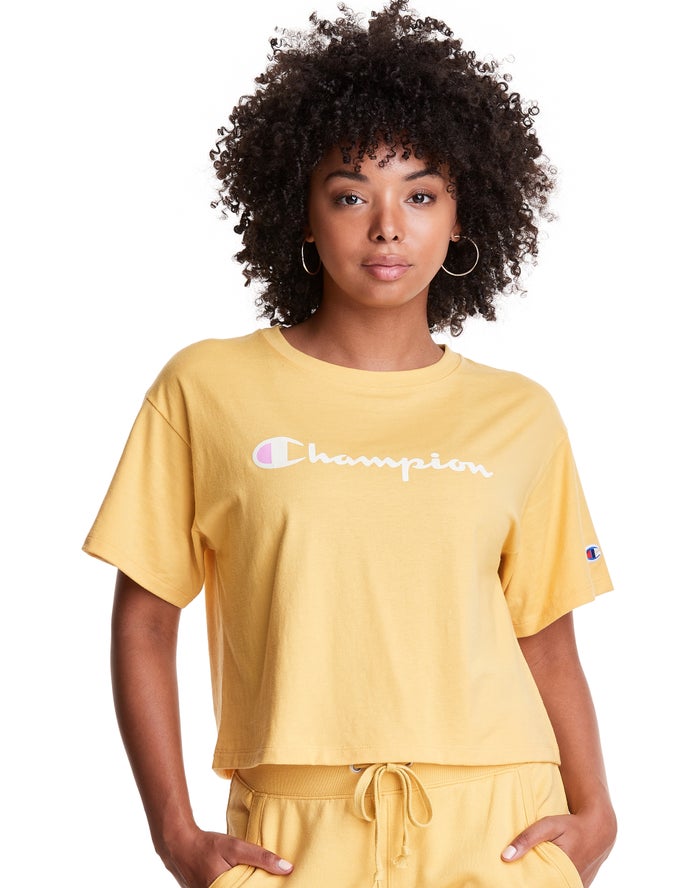 Champion Dame T-Shirts Gul - Cropped Script Logo - Danmark ZHT-170469